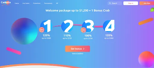 Cadoola Casino – Welcome Package Übersicht Cadoola Casino Homepage mit Welcome Package Grafik und Bonus Crab